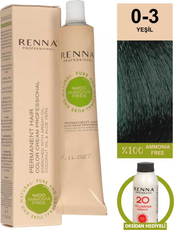 Renna Bitkisel Amonyaksız Saç Boyası 60 Ml 0-3 Yeşil Oksidan Hediyeli - Image 1