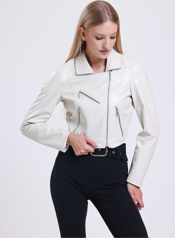 Sense Fermuar Detaylı Sunı Deri Motorcu Montu | Ckt34499 Krem - Image 1