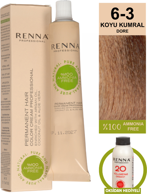Renna Bitkisel Amonyaksız Saç Boyası 60 Ml 6-3 Koyu Kumral Dore Oksidan Hediyeli - Image 1