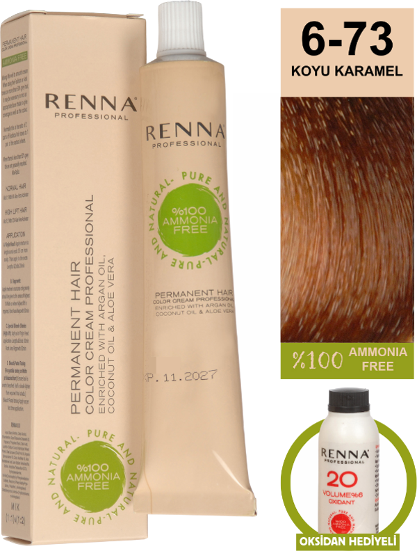 Renna Bitkisel Amonyaksız Saç Boyası 60 Ml 6-73 Koyu Karamel Oksidan Hediyeli - Image 1