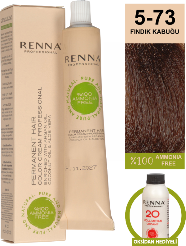 Renna Bitkisel Amonyaksız Saç Boyası 60 Ml 5-73 Fındık Kabuğu Oksidan Hediyeli - Image 1