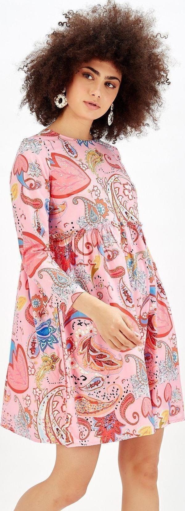 Sense Göğüs Alti Büzgülü Havuz Yaka Desenli Elbise_Elb32126 Pembe Çiçekli - Image 1