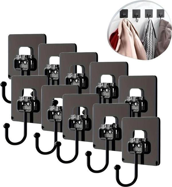 BUFFER® 10 Adet Duvara, Dolapa Yapışan Güçlü Yapışkanlı Siyah Duvar Askısı - Image 1