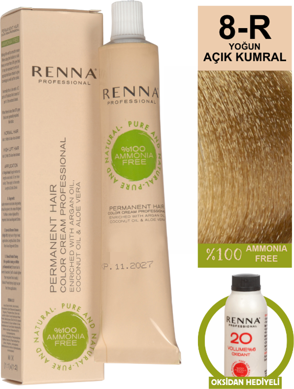Renna Bitkisel Amonyaksız Saç Boyası 60 Ml 8-R Yoğun Açık Kumral Oksidan Hediyeli - Image 1