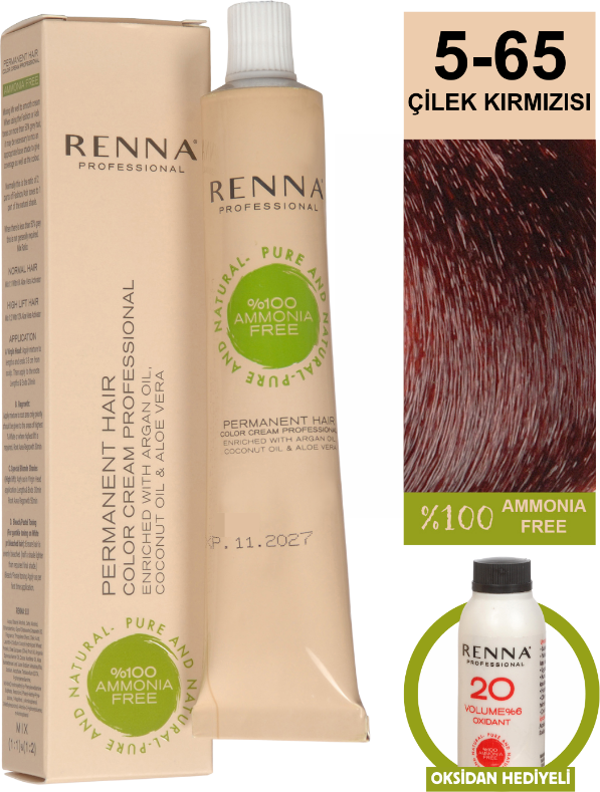 Renna Bitkisel Amonyaksız Saç Boyası 60 Ml 5-65 Çilek Kırmızısı Oksidan Hediyeli - Image 1