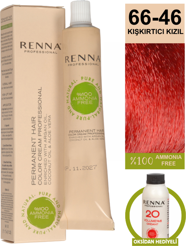 Renna Bitkisel Amonyaksız Saç Boyası 60 Ml 66-46 Kışkırtıcı Kızıl Oksidan Hediyeli - Image 1