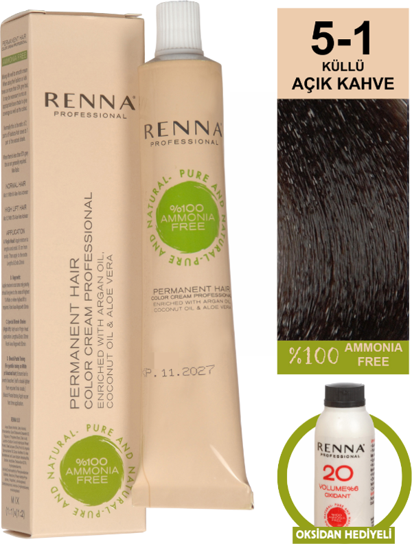 Renna Bitkisel Amonyaksız Saç Boyası 60 Ml 5-1 Küllü Açık Kahve Oksidan Hediyeli - Image 1