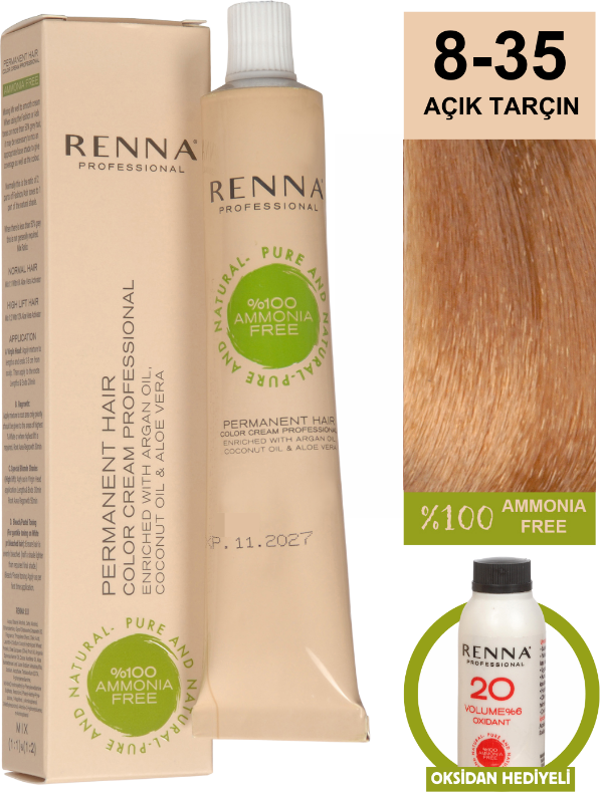 Renna Bitkisel Amonyaksız Saç Boyası 60 Ml 8-35 Açık Tarçın Oksidan Hediyeli - Image 1