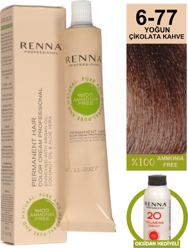Renna Bitkisel Amonyaksız Saç Boyası 60 Ml 6-77 Yoğun Çikolata Kahve Oksidan Hediyeli - Image 1