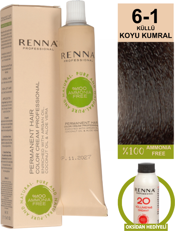 Renna Bitkisel Amonyaksız Saç Boyası 60 Ml 6-1 Küllü Koyu Kumral Oksidan Hediyeli - Image 1