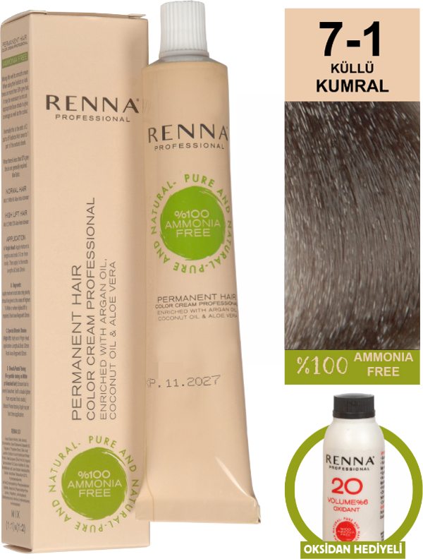 Renna Bitkisel Amonyaksız Saç Boyası 60 Ml 7-1 Küllü Kumral Oksidan Hediyeli - Image 1