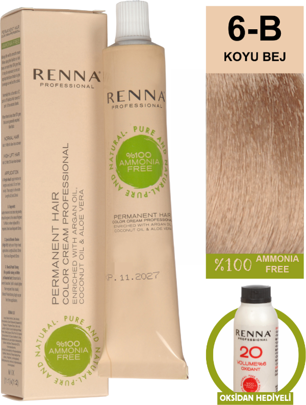 Renna Bitkisel Amonyaksız Saç Boyası 60 Ml 6-B Koyu Bej Oksidan Hediyeli - Image 1