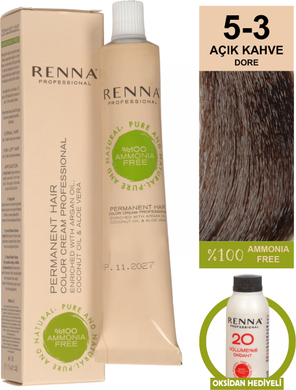Renna Bitkisel Amonyaksız Saç Boyası 60 Ml 5-3 Açık Kahve Dore Oksidan Hediyeli - Image 1