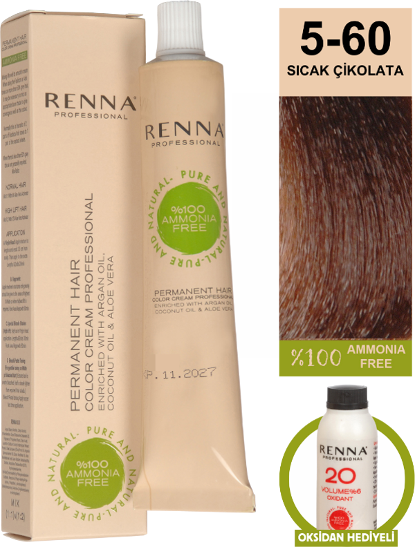 Renna Bitkisel Amonyaksız Saç Boyası 60 Ml 5-60 Sıcak Çikolata Oksidan Hediyeli - Image 1