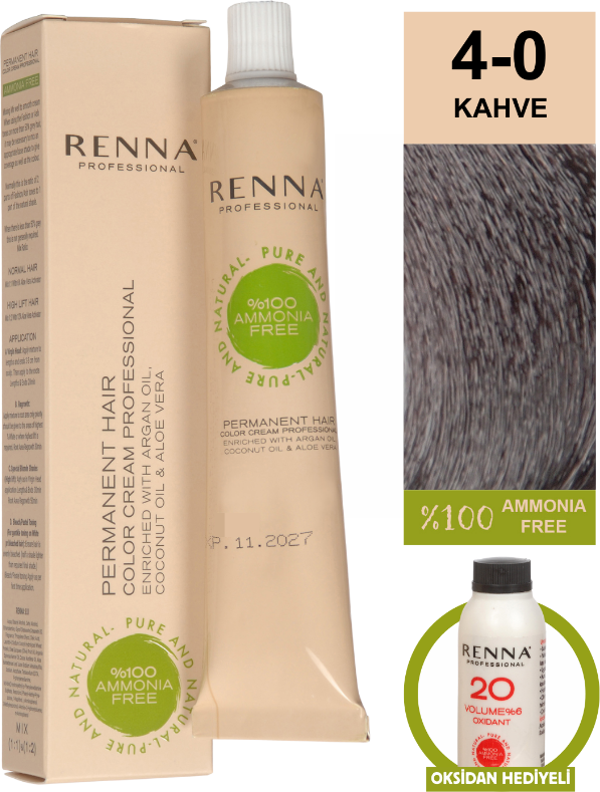 Renna Bitkisel Amonyaksız Saç Boyası 60 Ml 4-0 Kahve Oksidan Hediyeli - Image 1