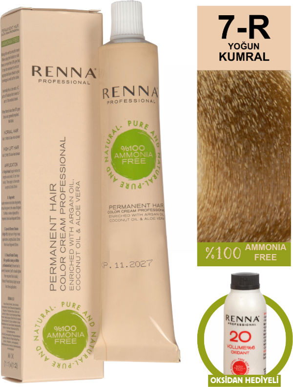 Renna Bitkisel Amonyaksız Saç Boyası 60 Ml 7-R Yoğun Kumral Oksidan Hediyeli - Image 1