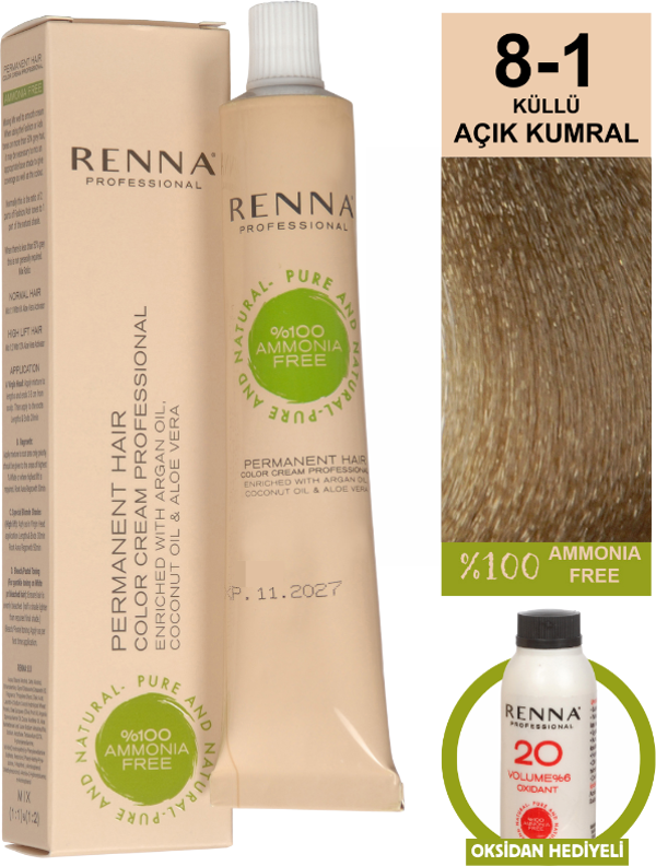 Renna Bitkisel Amonyaksız Saç Boyası 60 Ml 8-1 Küllü Açık Kumral Oksidan Hediyeli - Image 1