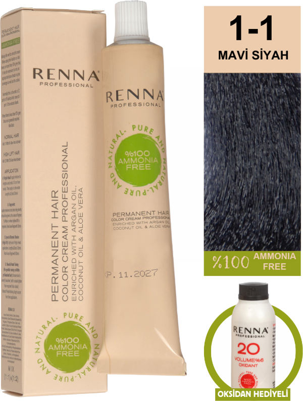 Renna Bitkisel Amonyaksız Saç Boyası 60 Ml 1-1 Mavi Siyah Oksidan Hediyeli - Image 1