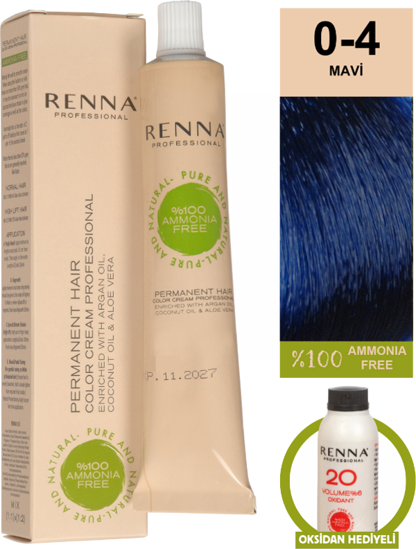 Renna Bitkisel Amonyaksız Saç Boyası 60 Ml 0-4 Mavi Oksidan Hediyeli - Image 1