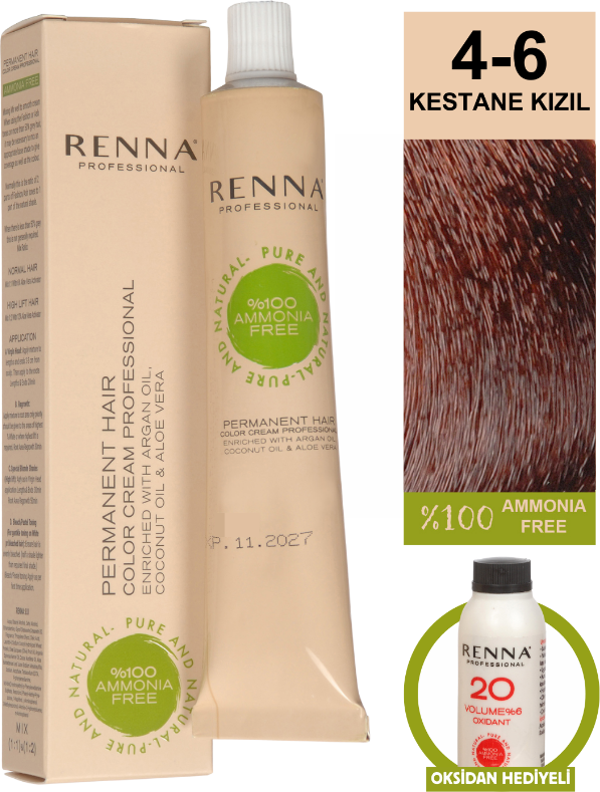 Renna Bitkisel Amonyaksız Saç Boyası 60 Ml 4-6 Kestane Kızıl Oksidan Hediyeli - Image 1