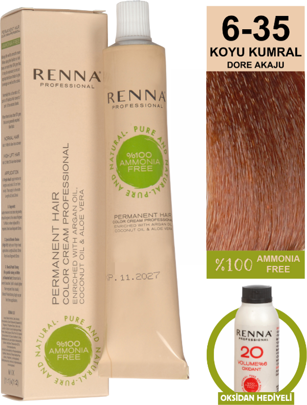 Renna Bitkisel Amonyaksız Saç Boyası 60 Ml 6-35 Koyu Kumral Dore Akaju Oksidan Hediyeli - Image 1