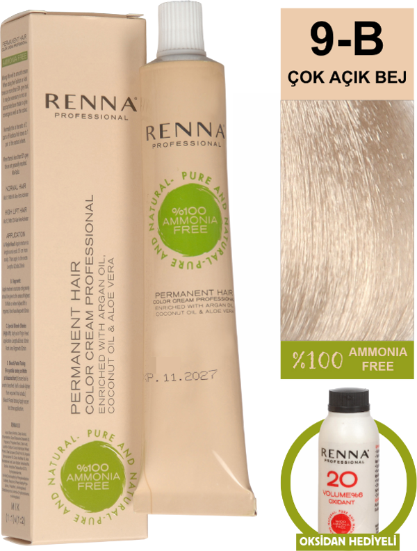 Renna Bitkisel Amonyaksız Saç Boyası 60 Ml 9-B Çok Açık Bej Oksidan Hediyeli - Image 1