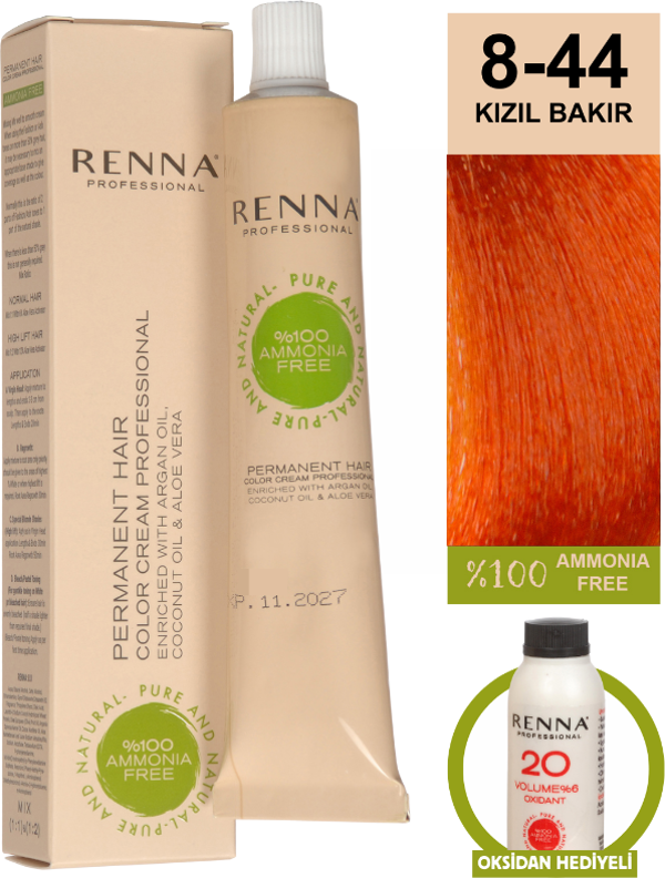 Renna Bitkisel Amonyaksız Saç Boyası 60 Ml 8-44 Kızıl Bakır Oksidan Hediyeli - Image 1