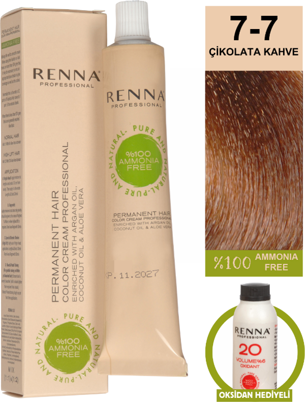 Renna Bitkisel Amonyaksız Saç Boyası 60 Ml 7-7 Çikolata Kahve Oksidan Hediyeli - Image 1