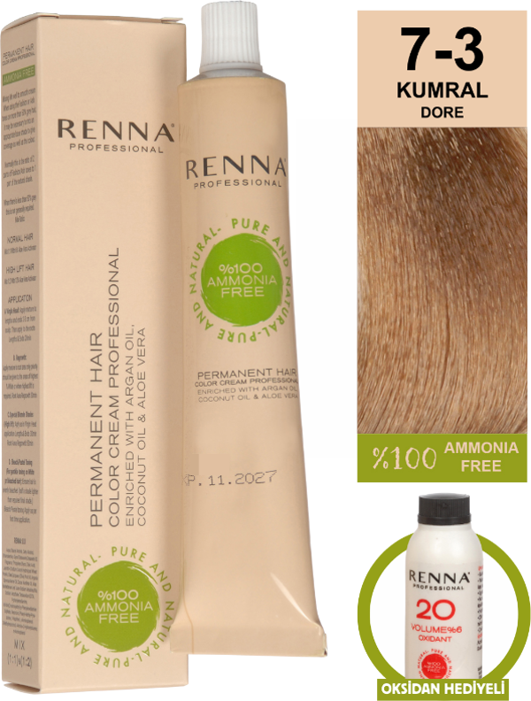 Renna Bitkisel Amonyaksız Saç Boyası 60 Ml 7-3 Kumral Dore Oksidan Hediyeli - Image 1