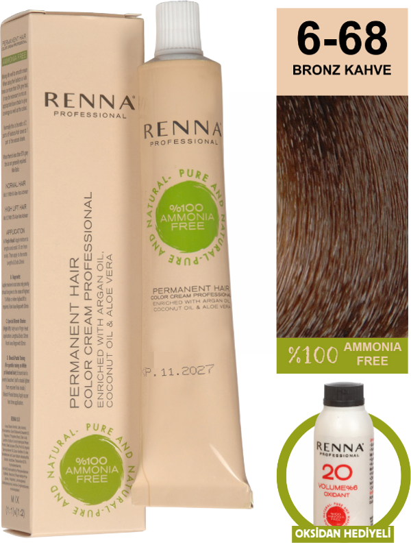 Renna Bitkisel Amonyaksız Saç Boyası 60 Ml 6-68 Bronz Kahve Oksidan Hediyeli - Image 1