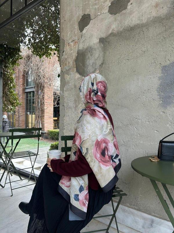 Pamuklu Rose Desen Şal-Gül Kurusu - Image 1