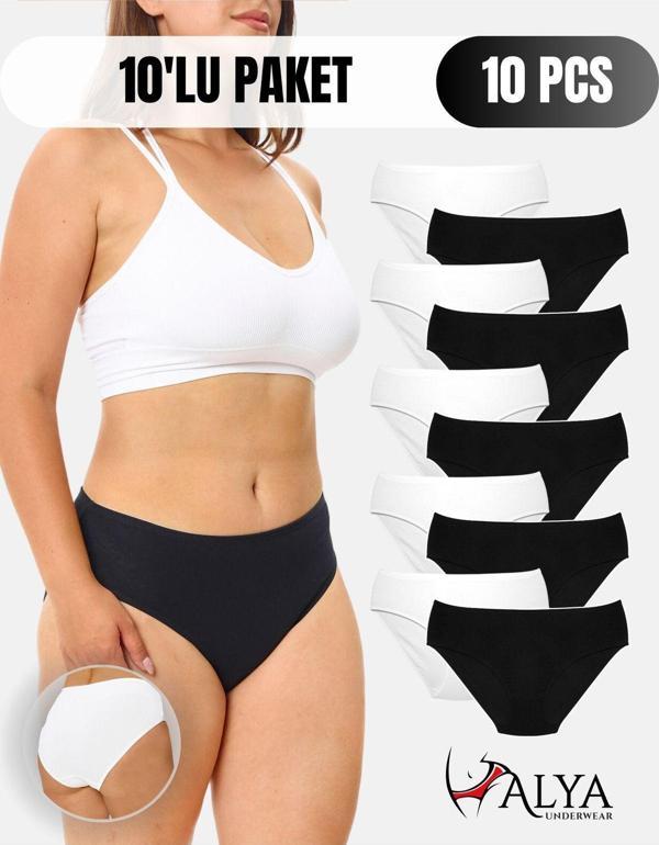 Kadın Pamuklu Külot Basic Slip Siyah Ve Beyaz 10'lu Paket ( Multicolor-x30 ) - Image 1