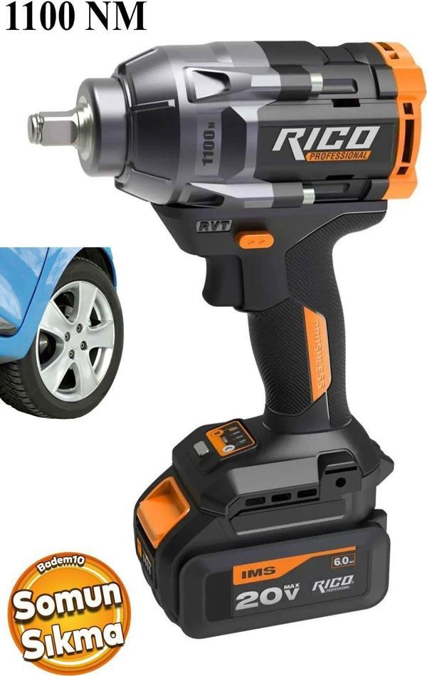 Rico Somun Sıkma Makinesi 1100 Nm 20 V Darbeli Akülü Kömürsüz Şarjlı Lastik Teker Bijon Sökme Tabanca - Image 1