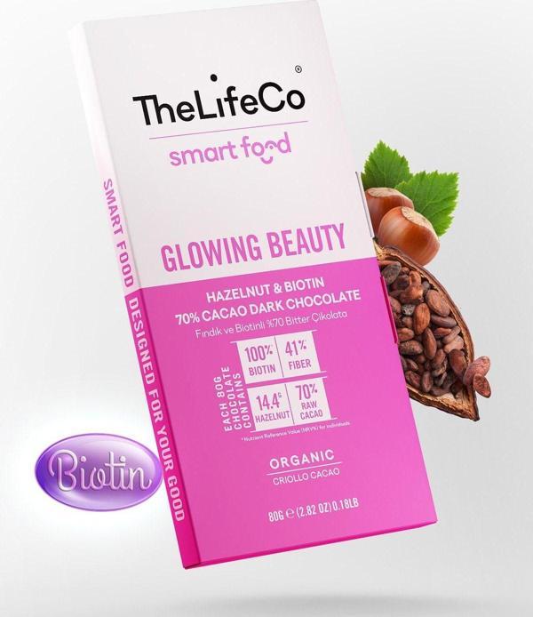 Thelifeco Smartfood Glowing Beauty Biotinli %70 Organik Bitter Çikolata 80 G (Glutensiz,Fındık,Yüksek Lif) - Image 1