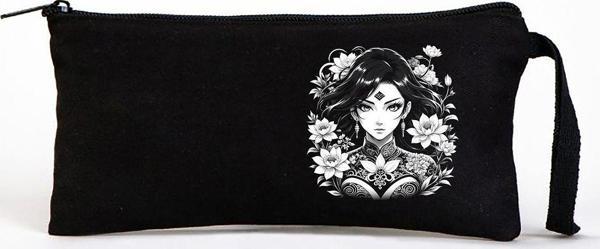 Beyaz Penguen Tattoo Bez Kalemlik Çanta 21X10 Cm Siyah - Image 1