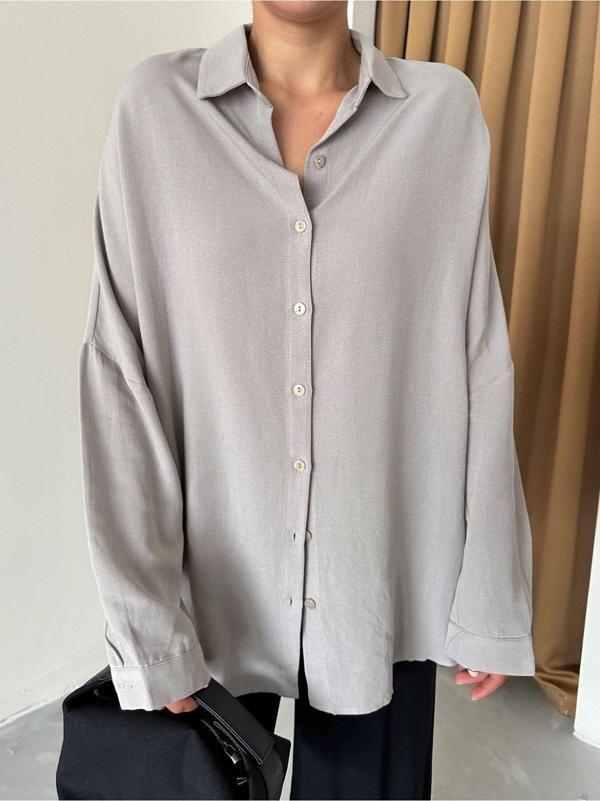 Laluvia Gri Oversize Düşük Omuz Keten Gömlek - Image 1