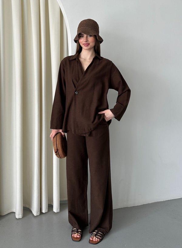 Laluvia Kahverengi %100 Pamuk Kruvaze Kapama Tek Düğmeli Kimono Pantolon Takım - 8351 - Image 1