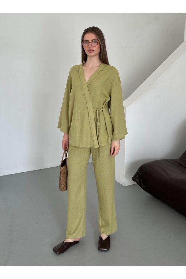 Laluvia Haki Detaylı Yan Bağlamalı Keten Kumaş Kimono Takım - 8373 - Image 1