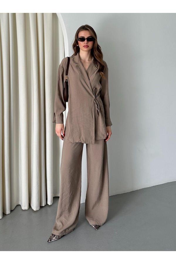 Laluvia Koyu Bej Yaka Detaylı Bağlamalı Kimono Takım - 8459 - Image 1