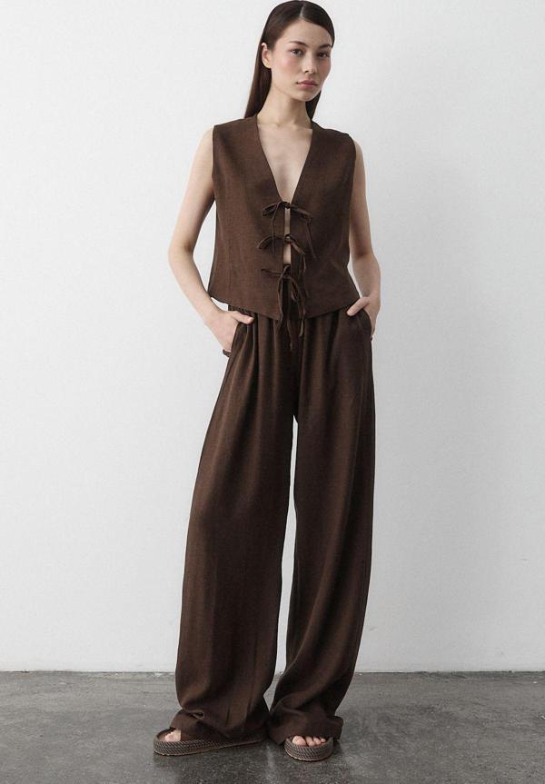 Laluvia Kahverengi %100 Pamuk Üç Bağcıklı Yelek Pantolon Müslin Takım - 8486 - Image 1