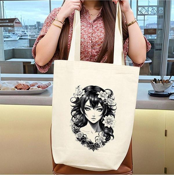 Beyaz Penguen Tattoo İç Cepli Körüklü Örgü Kulplu Kanvas Çanta 35X40X10 Cm - Image 1