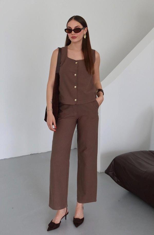 Laluvia Kahverengi Gold Düğme Yelek Pantolon Takım - 7134 - Image 1