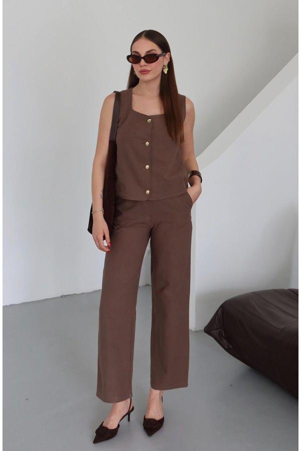 Laluvia Kahverengi Gold Düğme Yelek Pantolon Takım - 7134 - Image 1
