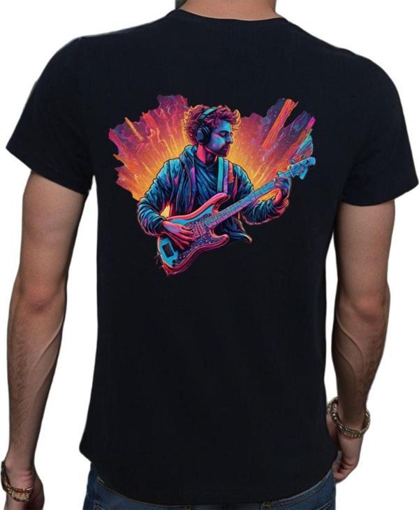 Beyaz Penguen Neon Guitar T-Shirt %100 Pamuklu Siyah Penye Basic Erkek Tişört Siyah S - Image 1