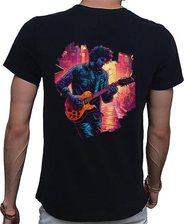 Beyaz Penguen Neon Guitar T-Shirt %100 Pamuklu Siyah Penye Basic Erkek Tişört Siyah XL - Image 1
