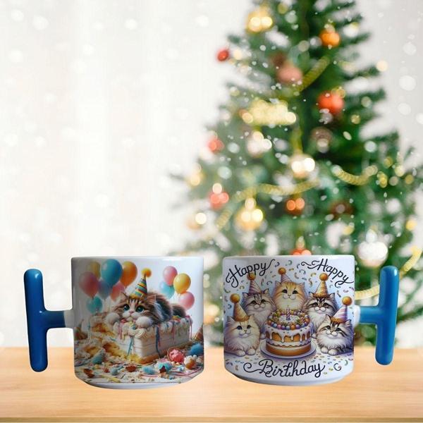 Kedili doğum günü kutlaması porselen fincan / kupa -mug - Image 1