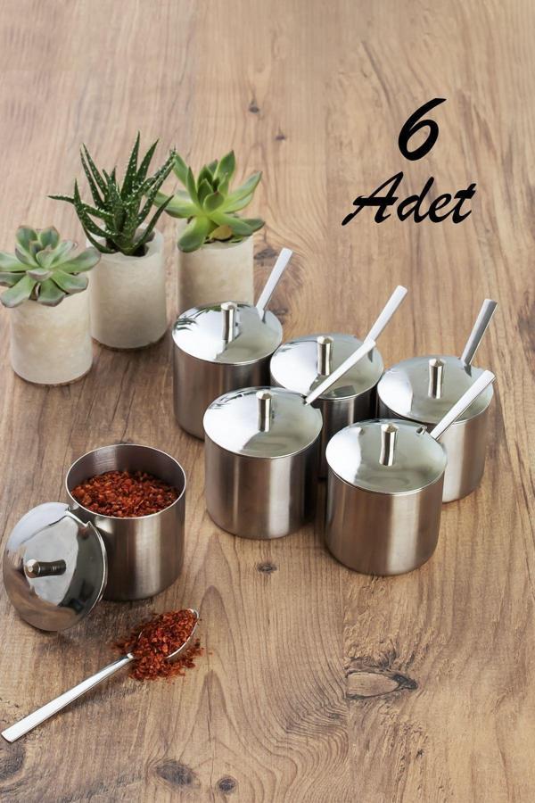 Porsima Elit 6 lı Paslanmaz Çelik Çay Kaşıklı Kapaklı Metal Şekerlik Masaüstü Baharatlık Takımı - Image 1