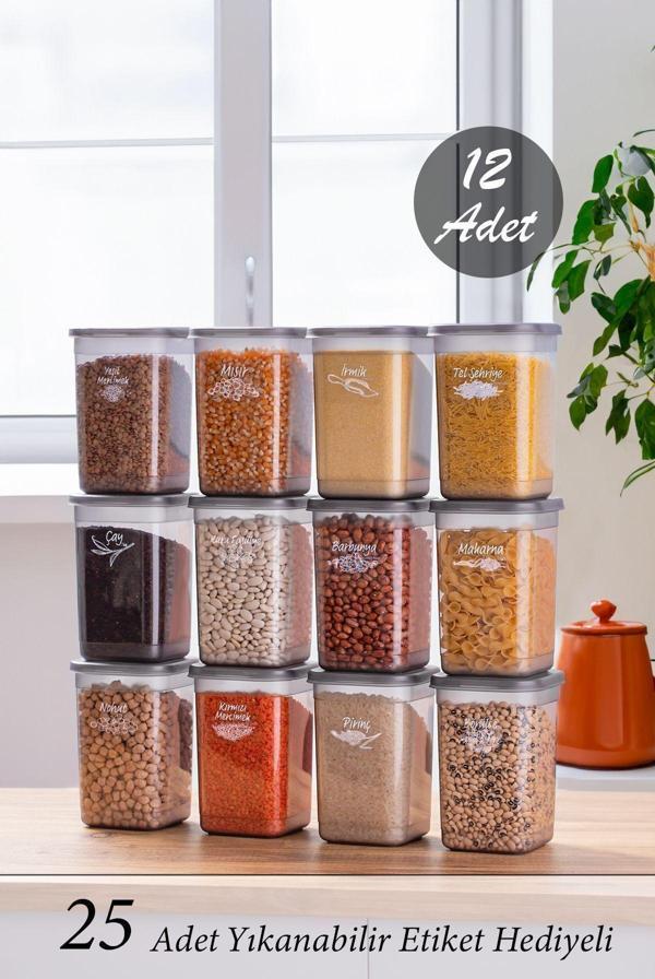 431-GR 12 li Çok Amaçlı Kapaklı Etiketli Gıda Erzak Bakliyat Saklama Kabı Seti 1.30 Lt - Gri - Image 1