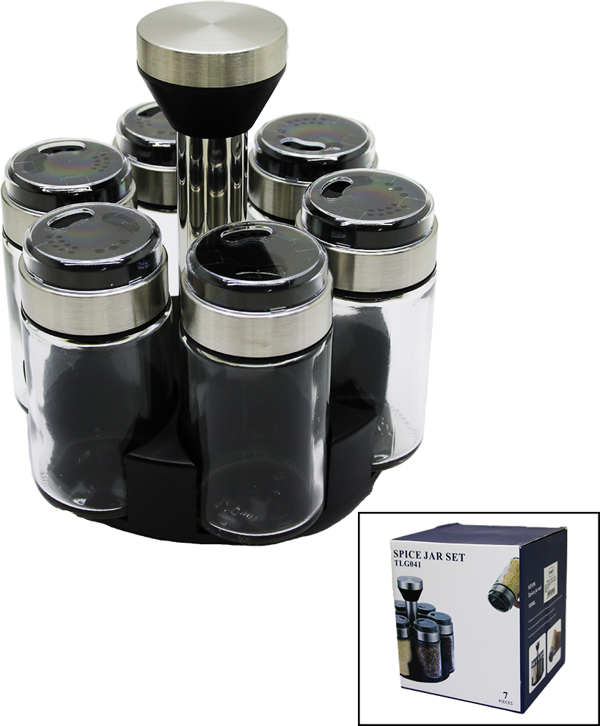 6 PARÇA  YUVARLAK CAM - KROM KAPLI KAPAK TUZLUK - BAHARATLIK DÖNER STANDLI  GO50603303270 - Image 1