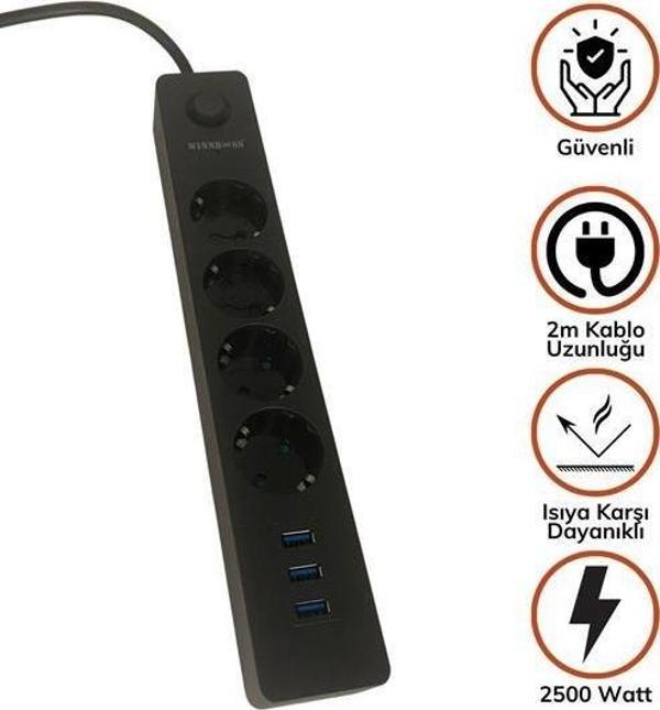Termak Akım Korumalı 4 Priz 3 USB Girişli Uzatma Kablosu Güç ve Şarj SİYAH RENK GÖNDERİLİR  GO50604765350 - Image 1